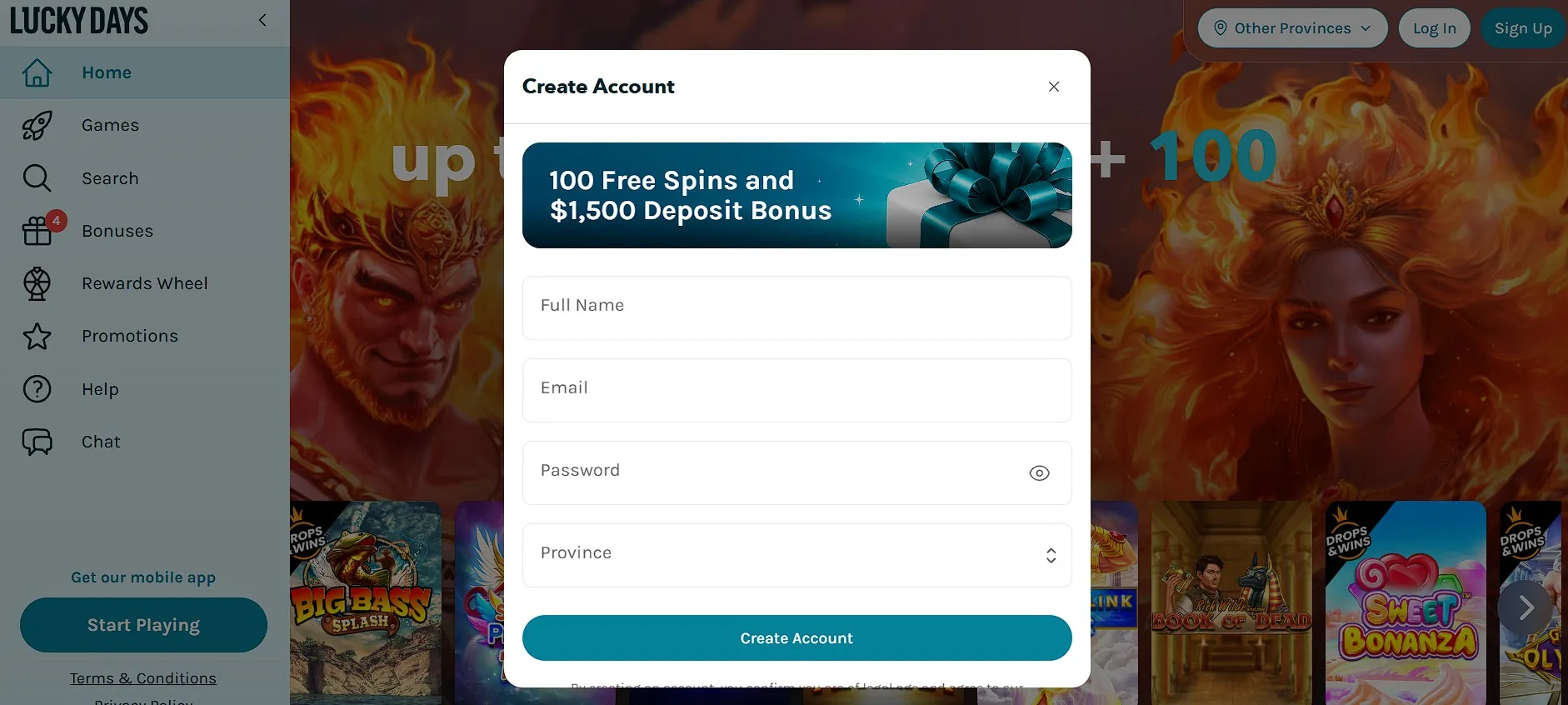 LuckyDays Casino account registration screen
